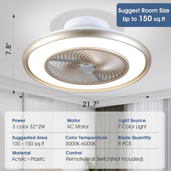 22"Bladeless Low Profile Ceiling fans With Lights and Remote, Modern Flush Mount - Picture 7 of 8